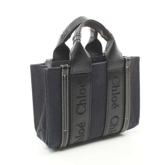 Chloé Chloe WOODY Handbag Canvas Leather Women's Navy Black - Picture 3 of 9